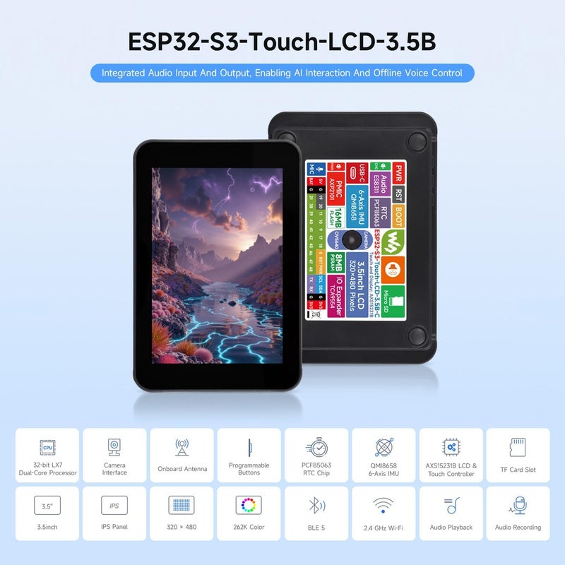 Waveshare ESP32-S3 3.5inch Capacitive Touch Display Development Board Type B, 320×480, IPS, 262K Color, QSPI, Onboard Camera Interface, Wi-Fi and Bluetooth 5, ESP32 with Display, with Protective Case - Image 3